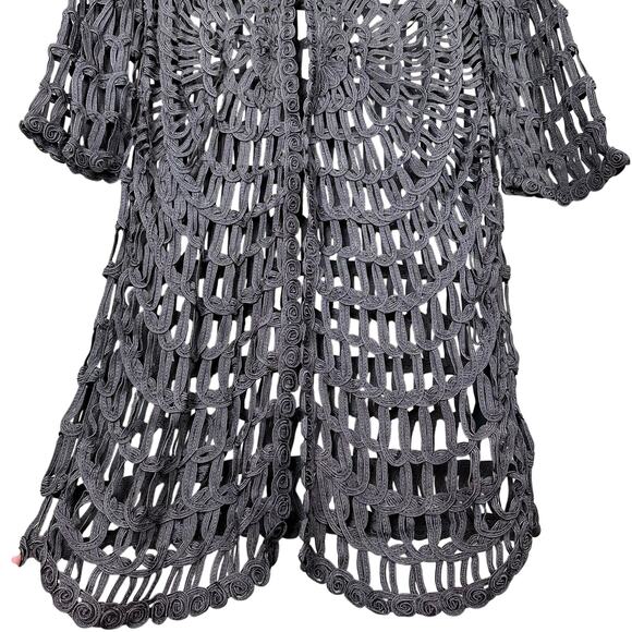 Chico’s Travelers Charcoal Plum Crochet Open Front Cardigan Longline Rayon - Picture 4 of 10